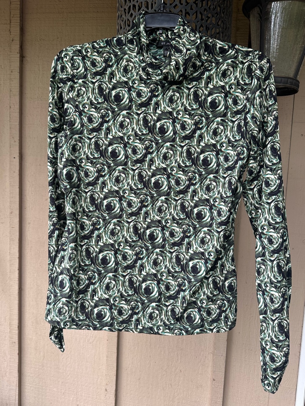St. John Green Black Rose-Pattern Mock Turtleneck Blouse
